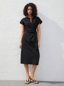 BizChic 女款蝙蝠翼短袖 V 領缺角連身裙 - 黑色 - 查看 4