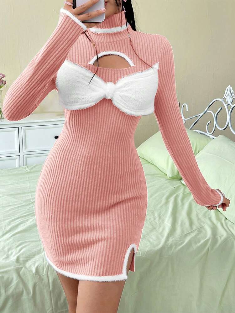 Women's Color Block Spliced Hollow Out Stand Collar Dress