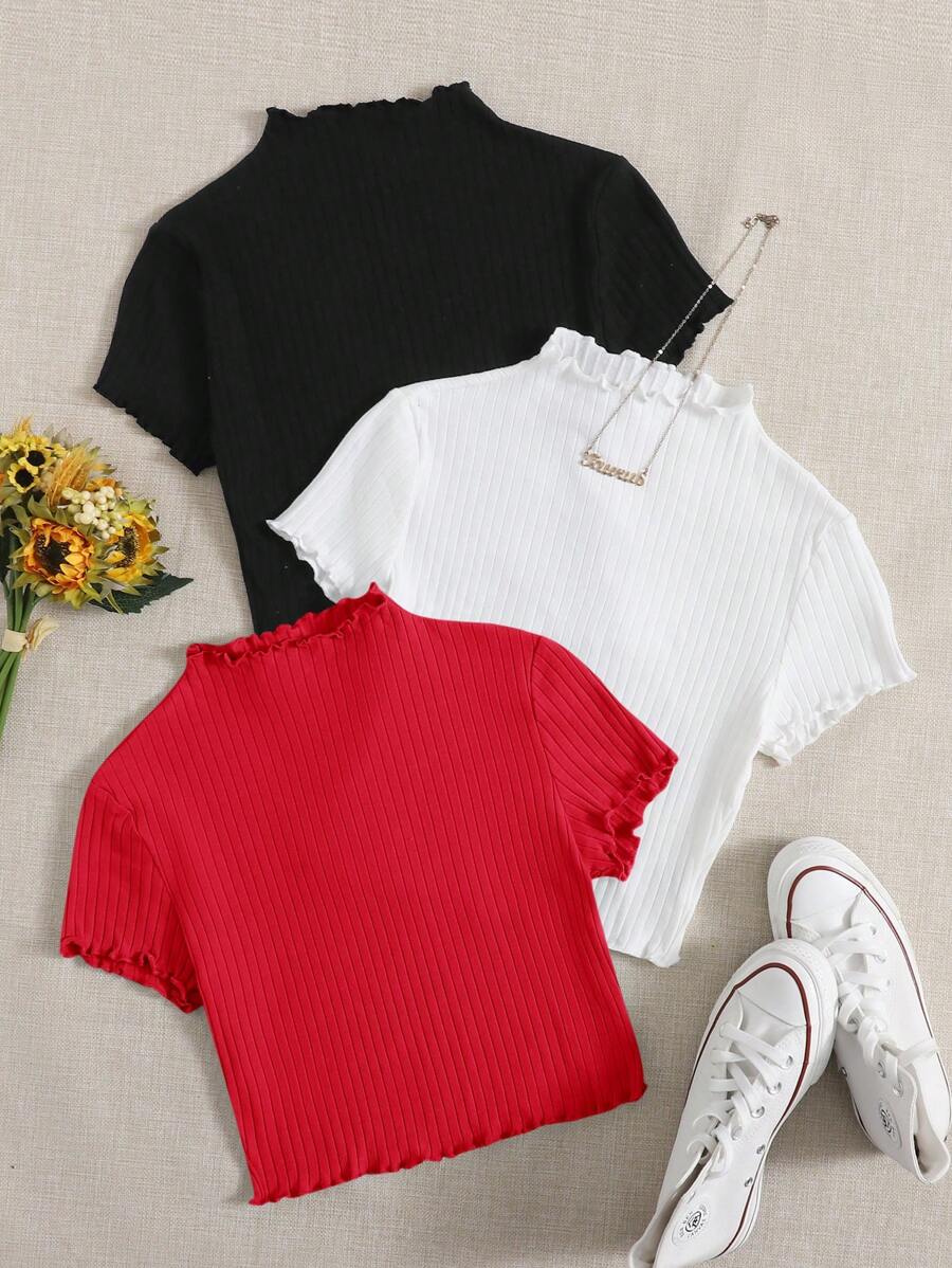 SHEIN EZwear Camiseta De Borde Ondulado De Color Sólido - Rojo - Ver 1