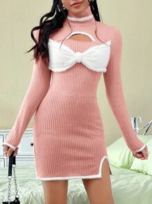 SHEIN EZwear 女用撞色拼接鏤空立領連身裙 - 粉色 - 查看 5