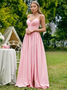 SHEIN Belle Màu thuần Cổ chữ V Hai Dây Phù dâu Với Khe Và Dây thắt lưng - Hồng - Xem 4