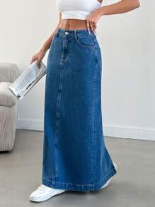 EURMUSE High Waisted Denim Skirt With Back Vent - Medium Wash - View 5