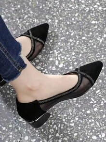 2024 Spring/Summer New Arrival Black Mesh And Rhinestone Hollow Out Pointed Toe Low-Cut High Heel Pumps - Black - View 5