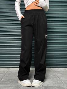 SHEIN EZwear 女款多拉鍊收褶高腰褲 - 黑色 - 查看 1