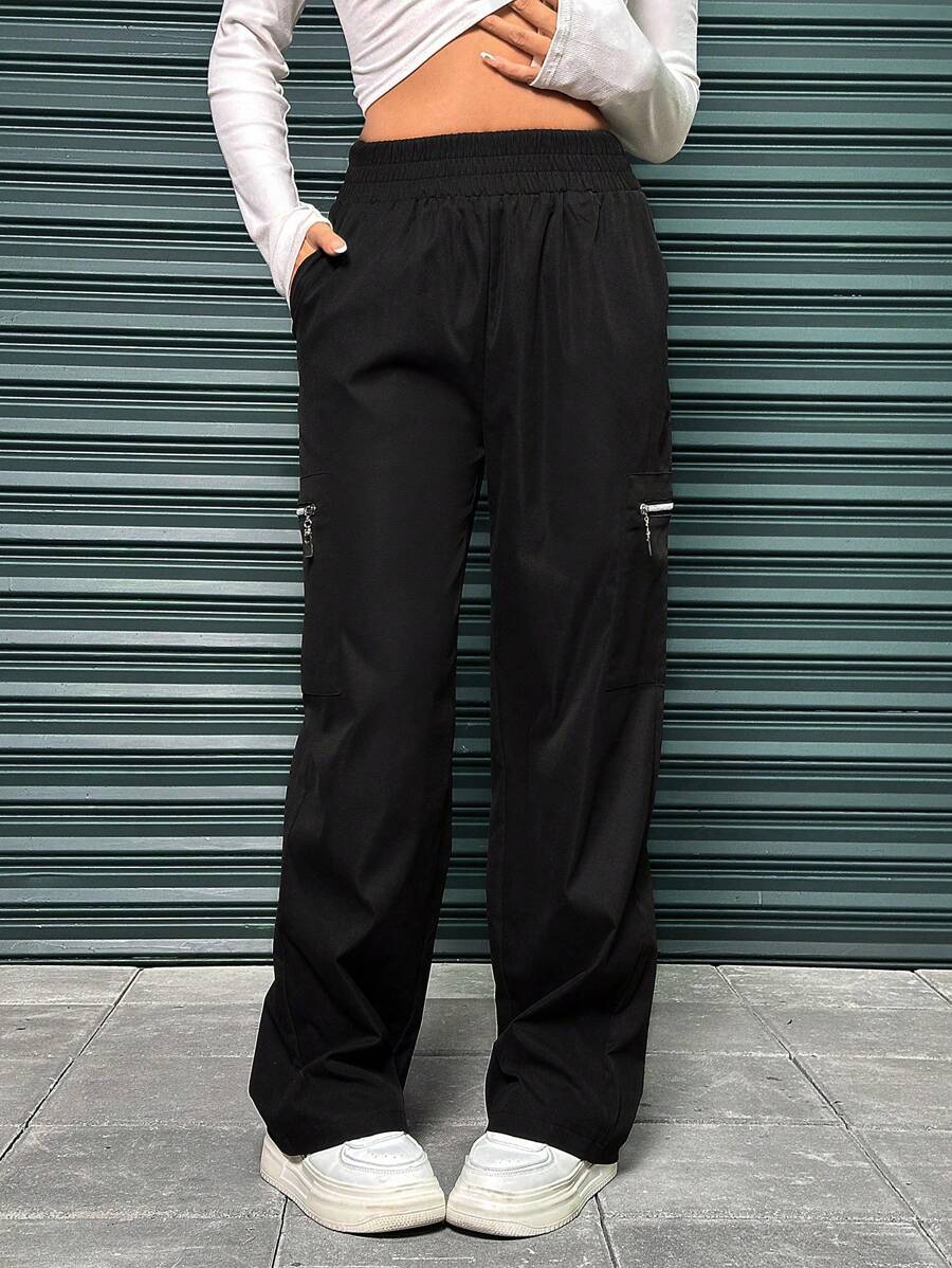 SHEIN EZwear 女款多拉鍊收褶高腰褲 - 黑色 - 查看 1