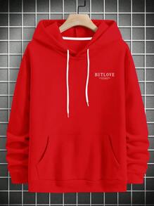 Manfinity Homme Lỏng lẻo Nam Áo nỉ có mũ Với In Slogan Và Hoa - Đỏ - Xem 3