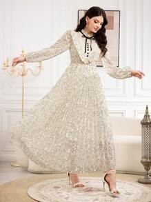 Modelyn Của phụ nữ Hình vết tròng Polka Đầm Với Ruffled Đường viền cổ áo Và Thắt lưng Eo - Màu be - Xem 6