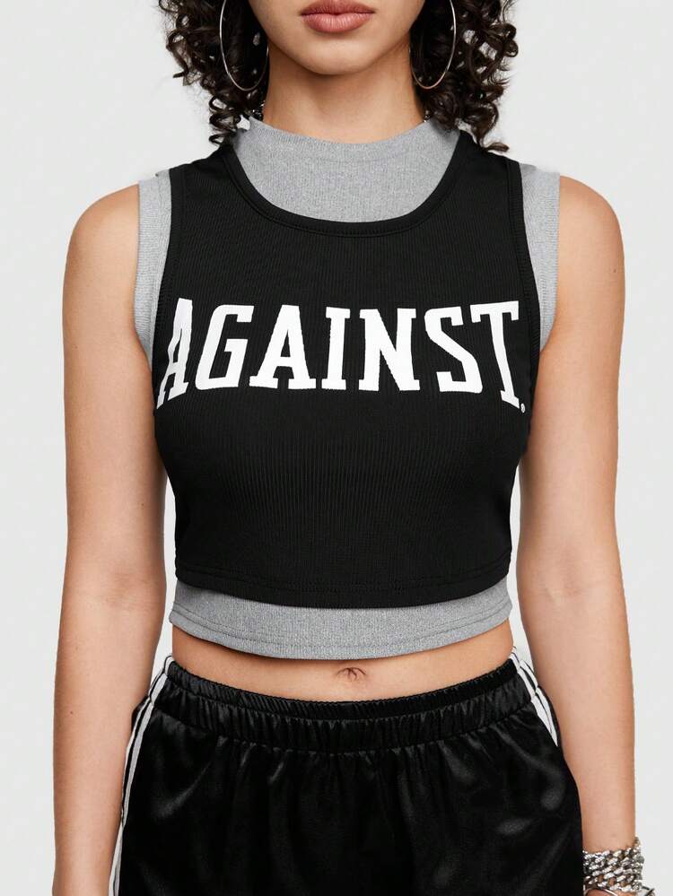 Color Block 2 In 1 Style Women's Tank Top With Letter Print Design