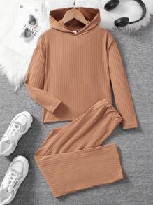 SHEIN Tween Girls' Knitted Solid Color Hooded Loose Casual Top And Bottom Set - Apricot - View 1