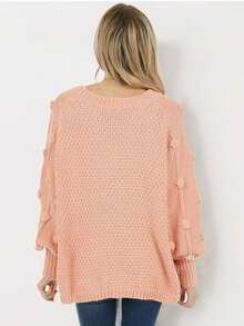 Simplee 女絨球裝飾插肩袖毛衣 - 粉色 - 查看 2