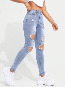 SHEIN Essnce Đau khổ Denim mùa giặt Denim Quần jean - Rửa nhẹ - Xem 4