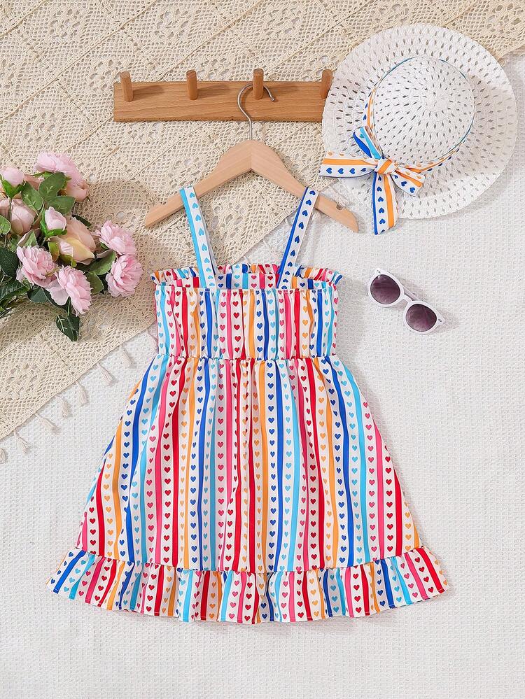 Young Girl'S Striped Heart Printed Cami Dress