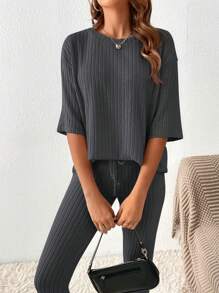 SHEIN LUNE Zweiteiliges Set Aus Rippstrick Für Damen