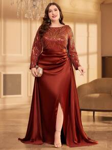 UNITHORSE Plus Size Glitter Silk Patchwork Floor-Length Formal Dress Elegant Long Sleeve Prom Evening Wedding Guest Gown, For Graduation, Dinner