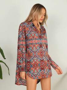 SHEIN VCAY Paisley Print Oversized Vacation Style Long Women's Casual Shirt