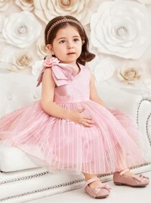 SHEIN DRMZ Baby Girl Baby Girl Elegant Mesh & Bowknot Patchwork Sleeveless Dress