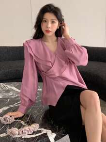 DAZY Solid Color Loose Long Sleeve Shirt With Ruffle Trim For Women - Hot Pink - View 3