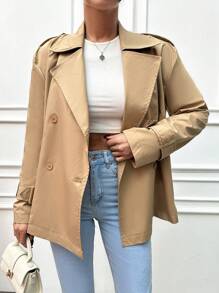 RueChic Double-breasted Short Trench Coat - Apricot - View 3