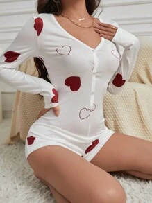 女款纖薄心形印花睡衣連體褲 - 紅白色 - 查看 1
