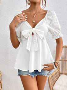 Chiquease Knot Front Eyelet Embroidery Puff Short Sleeve Blouse - White - View 4