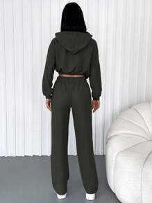 RueChic Của phụ nữ Đàn hồi Dây thắt lưng Quần skinny Hoodie Và Quần thể thao Bộ - xanh quân đội - Xem 2