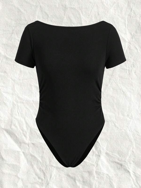 SHEIN EZwear Black Knitted Tight-Fitting Backless Bodysuit