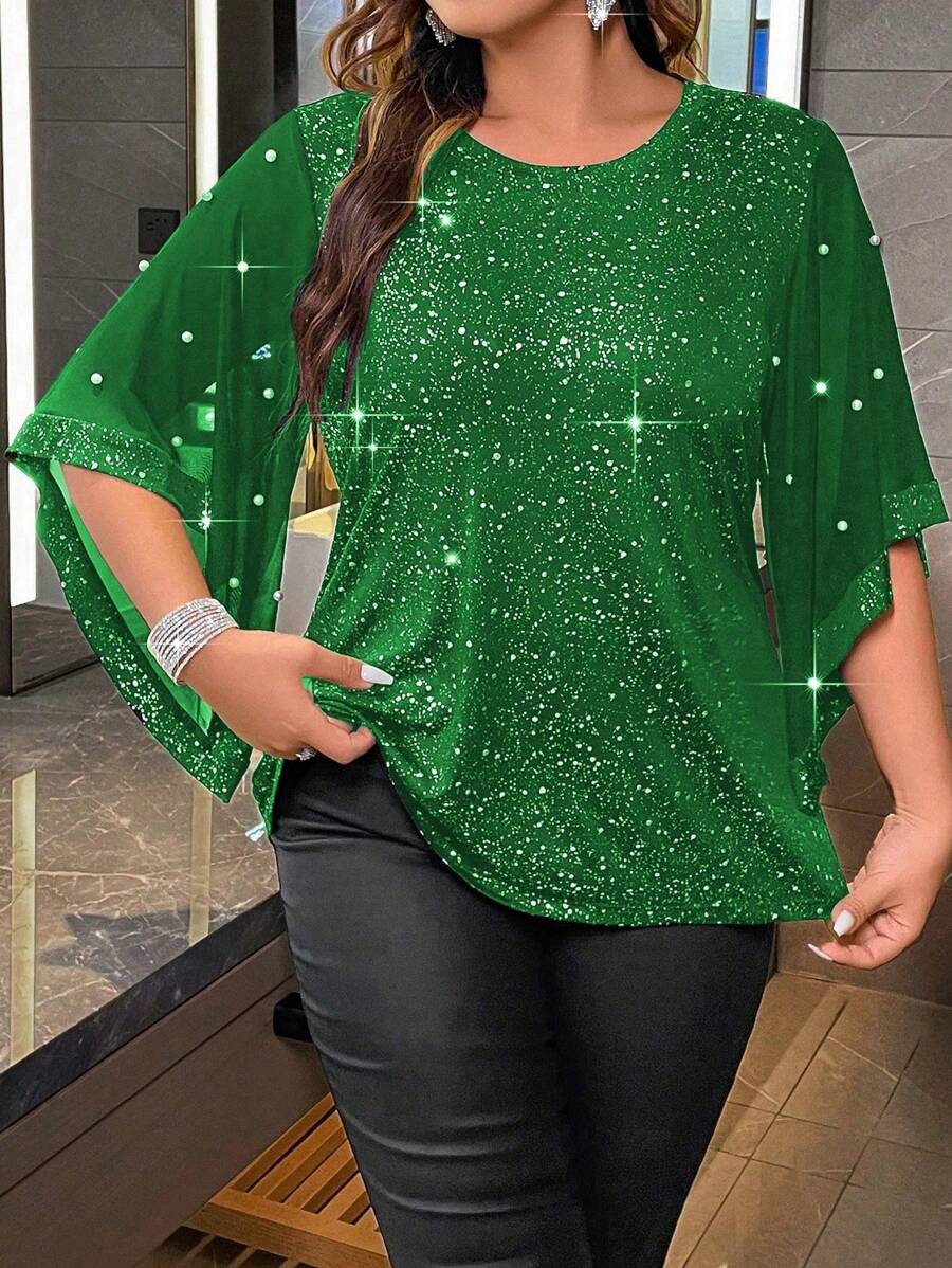 Allurite Plus Pearls Beaded Trumpet Sleeve Tee - Green - View 1