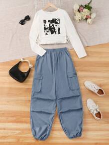 SHEIN 少女肖像印花百褶t卹和貨物長褲休閒2入組 - 霧霾藍 - 查看 1