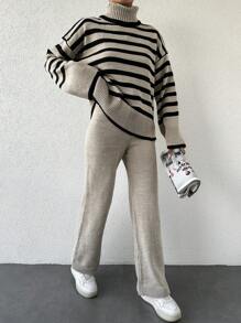 EURMUSE Striped Pattern Turtleneck Drop Shoulder Sweater & Knit Pants - Multicolor - View 5