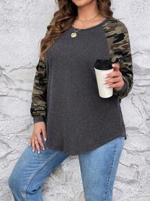 SHEIN LUNE Plus Size Women's Christmas Black & Red Plaid Patchwork Crew Neck Long Sleeve Casual T-Shirt, Autumn/Winter Women T Shirt - Dark Grey - View 6