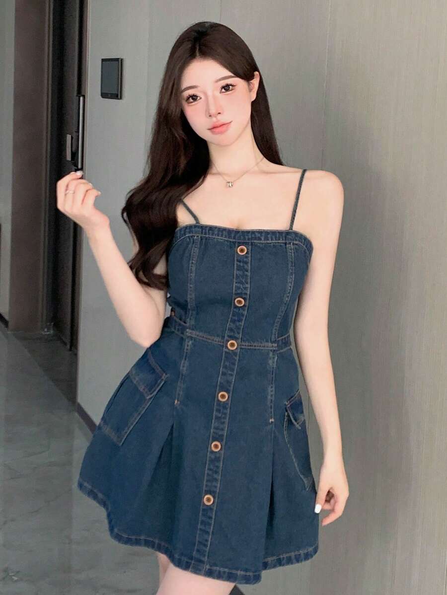 DAZY 女款正面紐帶牛仔吊帶連身裙 - 深色水洗藍 - 查看 1