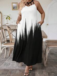 SHEIN Clasi Vestido De Talla Grande Con Cuello Halter Y Gradientes De Colores - Blanco y Negro - Ver 3
