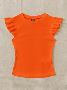 Soleia Women's Round Neck Ruffled Sleeve Knit T-Shirt - Orange - View 4
