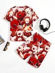 SHEIN Tween Boy Snug Fit Casual Bear Pattern Print Round Neck Short Sleeve Top And Shorts  Knit Pajama Set - Multicolor - View 2