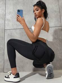 Sporty Solid High Waist Wide Waistband U Shaped Lettuce Trim Running Yoga Stretchy Skinny Daily Casual Leggings - Black - View 6