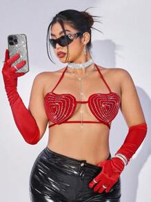 SHEIN ICON Y2K紅色加大碼心形鑲嵌胸衣吊帶領口開背削肩女式短上衣 - 紅色 - 查看 6