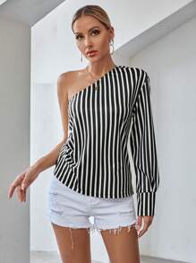 GENKIRA One Shoulder Striped Long Sleeve Women's Shirt Fall Cloth For Women - Black and White - View 4