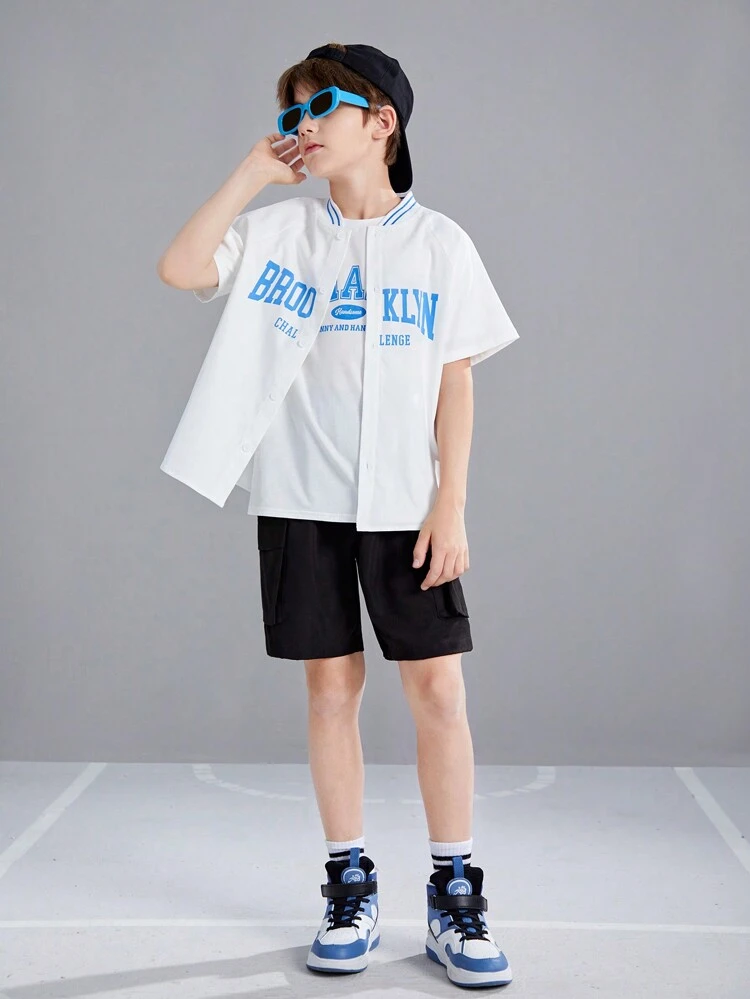 Tween Boys' Loose Casual Round Neck Letter Pattern Short-Sleeved T-Shirt Shirt Shorts Three-Piece Set