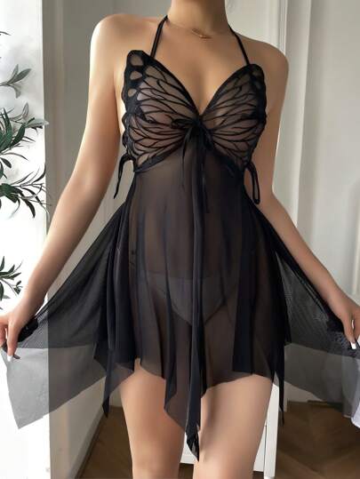 SilkySpell Butterfly Print Mesh Backless Halter Verleidelijke Pajama Night Dress view 5