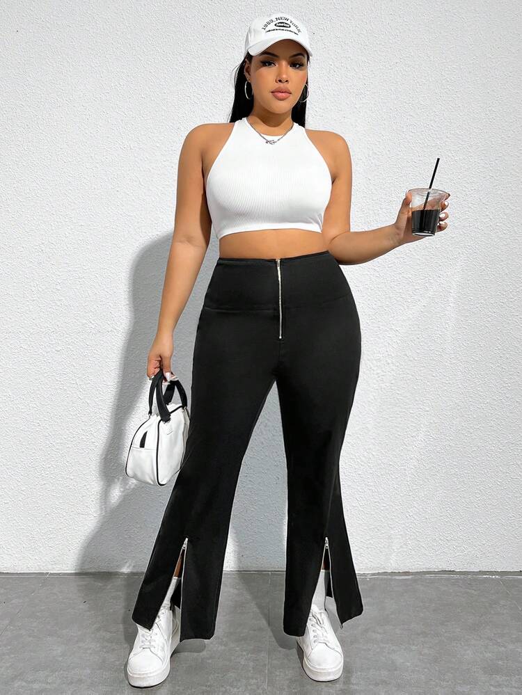 Plus Size Solid Color Zipper Bell-Bottoms