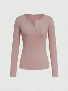 INAWLY Women's Solid Color Ribbed Knit T-Shirt Fall Cloth For Women - Dusty Pink - View 3