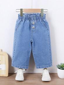 SHEIN Đứa bé gái Retro & Dễ thương Eo đàn hồi Hoa Chồi Thiết kế quần ống rộng Quần jean Với Mềm mại Denim mùa giặt Denim , Ánh sáng Xanh - Rửa nhẹ - Xem 1