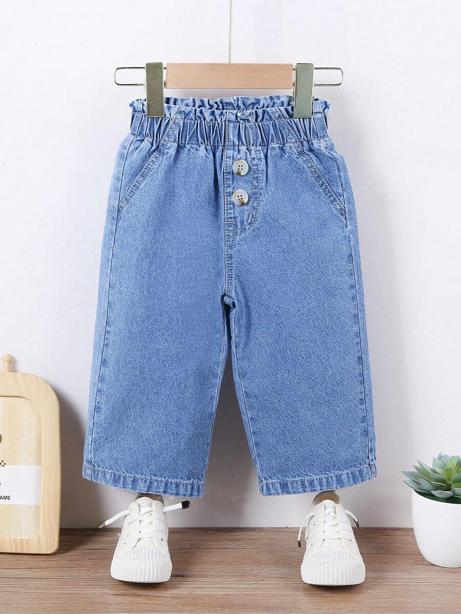 SHEIN Đứa bé gái Retro & Dễ thương Eo đàn hồi Hoa Chồi Thiết kế quần ống rộng Quần jean Với Mềm mại Denim mùa giặt Denim , Ánh sáng Xanh - Rửa nhẹ - Xem 1