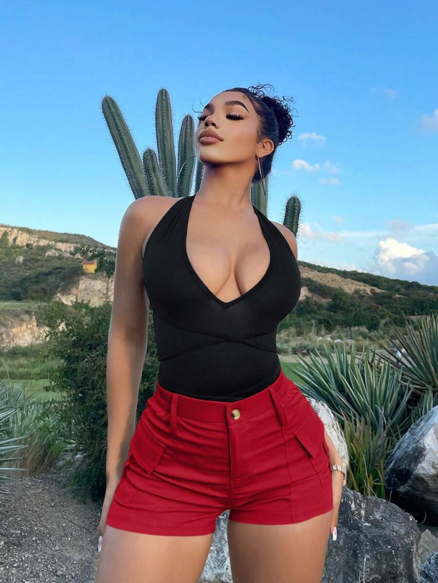 SHEIN SXY Màu thuần Giải trí Cargo Quần short - Đỏ - Xem 1