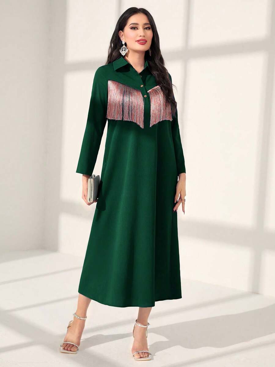 Al Najma Ladies' Fringed Patchwork Long Sleeve Shirt Dress - Dark Green - View 1