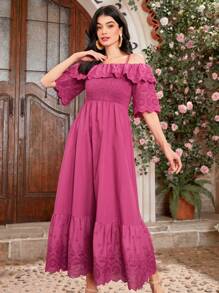Seusyu Women'S Solid Color Hollow Out Embroidery Patchwork Ruffle Trim Off-Shoulder Cami Dress - Hot Pink - View 4