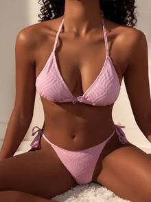 SHEIN Swim 纯色纹理两件套比基尼套装情人节夏日海滩 - 粉色 - 查看 5