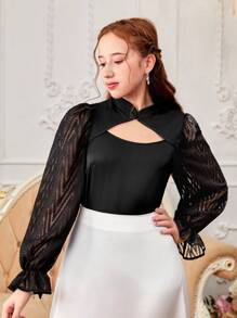 SHEIN 少女立領蕾絲拼布透視網層疊袖襯衫帶有剪裁 - 黑色 - 查看 3