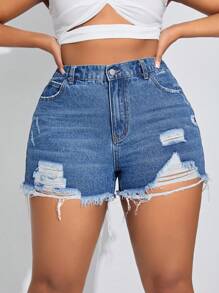 SHEIN SXY Women's Plus Size Vintage Ripped Hole Denim Shorts