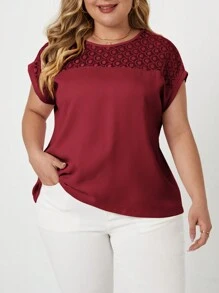 SHEIN Clasi Plus Size Lace Panel Crew Neck Blouse